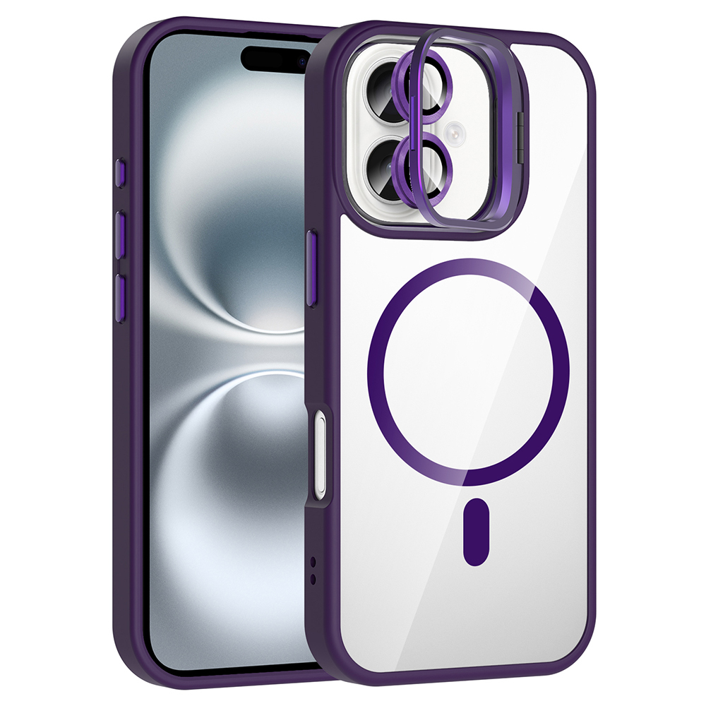 iPhone 17 Kılıf Standlı ve Kamera Lens Hediyeli M-Safe Şarj Özellikli Zore Etro Kapak - Derin Mor