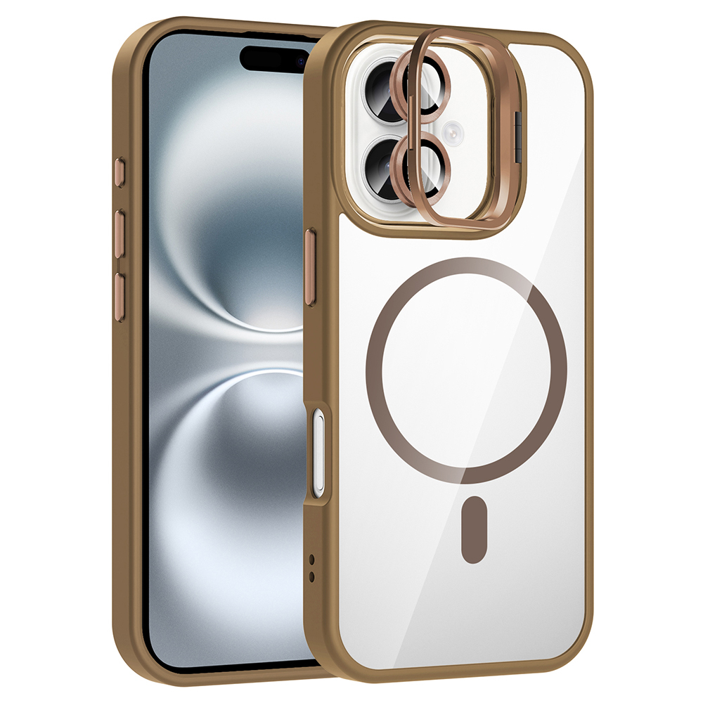 iPhone 17 Kılıf Standlı ve Kamera Lens Hediyeli M-Safe Şarj Özellikli Zore Etro Kapak - Desert Titan
