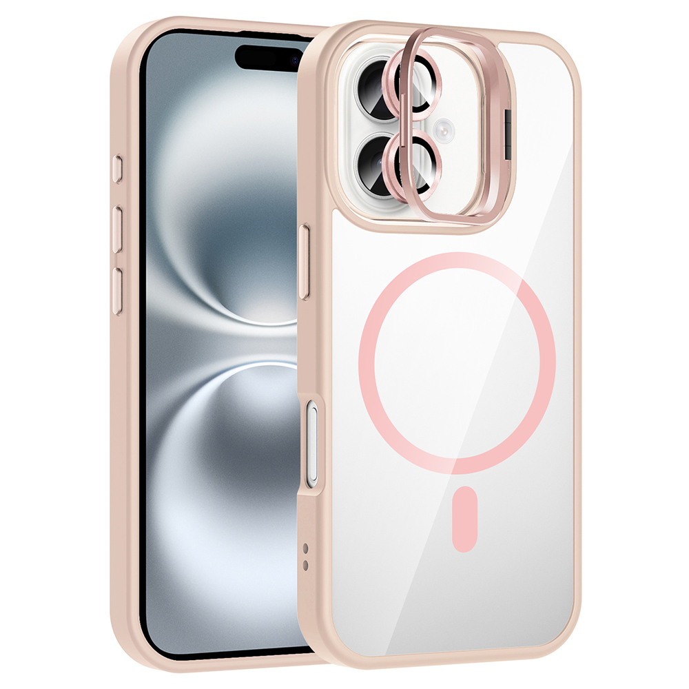 iPhone 17 Kılıf Standlı ve Kamera Lens Hediyeli M-Safe Şarj Özellikli Zore Etro Kapak - Pembe