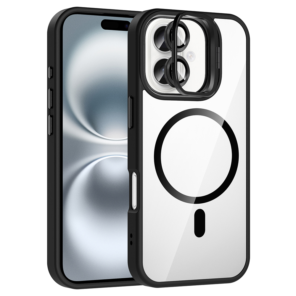 iPhone 17 Kılıf Standlı ve Kamera Lens Hediyeli M-Safe Şarj Özellikli Zore Etro Kapak - Siyah
