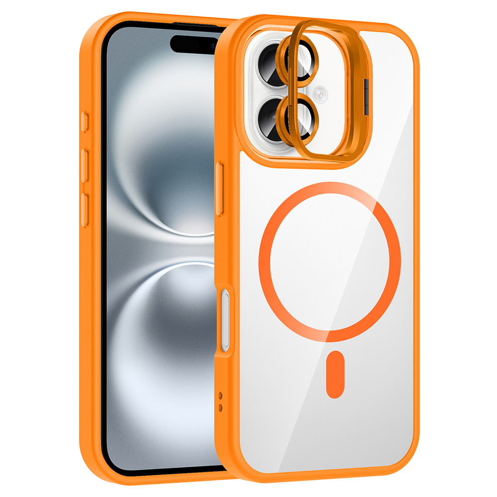 iPhone 17 Kılıf Standlı ve Kamera Lens Hediyeli M-Safe Şarj Özellikli Zore Etro Kapak - Turuncu