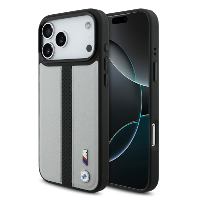 Apple iPhone 17 Pro Case BMW Original Licensed M-safe Charging Featured Leather Back Surface Metal Logo Perforated Strip Design Cover - BMW