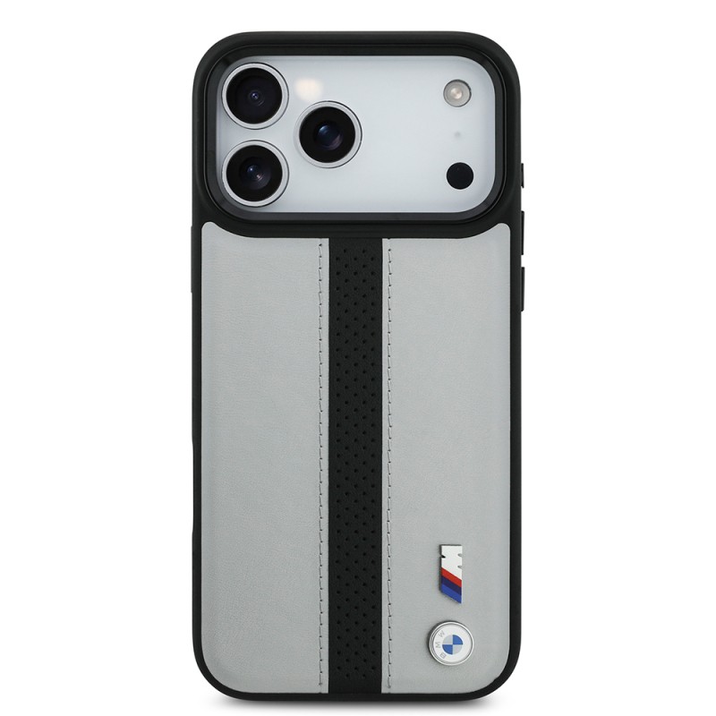 Apple iPhone 17 Pro Case BMW Original Licensed M-safe Charging Featured Leather Back Surface Metal Logo Perforated Strip Design Cover - 6