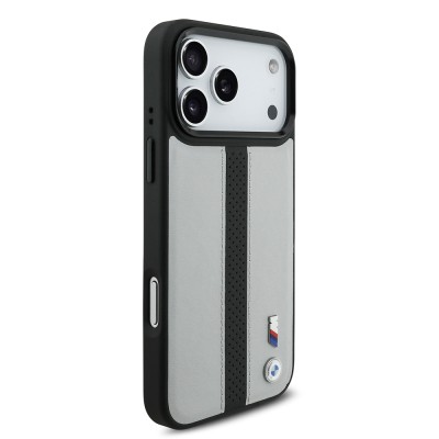 Apple iPhone 17 Pro Case BMW Original Licensed M-safe Charging Featured Leather Back Surface Metal Logo Perforated Strip Design Cover - 7