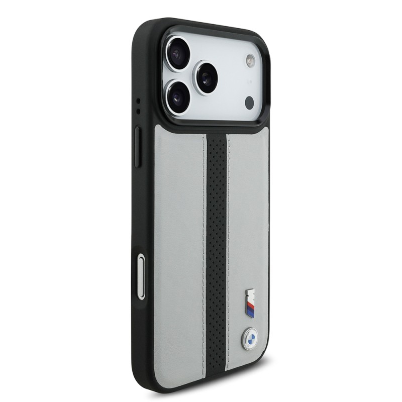 Apple iPhone 17 Pro Case BMW Original Licensed M-safe Charging Featured Leather Back Surface Metal Logo Perforated Strip Design Cover - 7