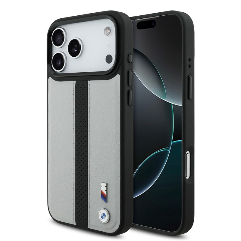 Apple iPhone 17 Pro Case BMW Original Licensed M-safe Charging Featured Leather Back Surface Metal Logo Perforated Strip Design Cover - 2