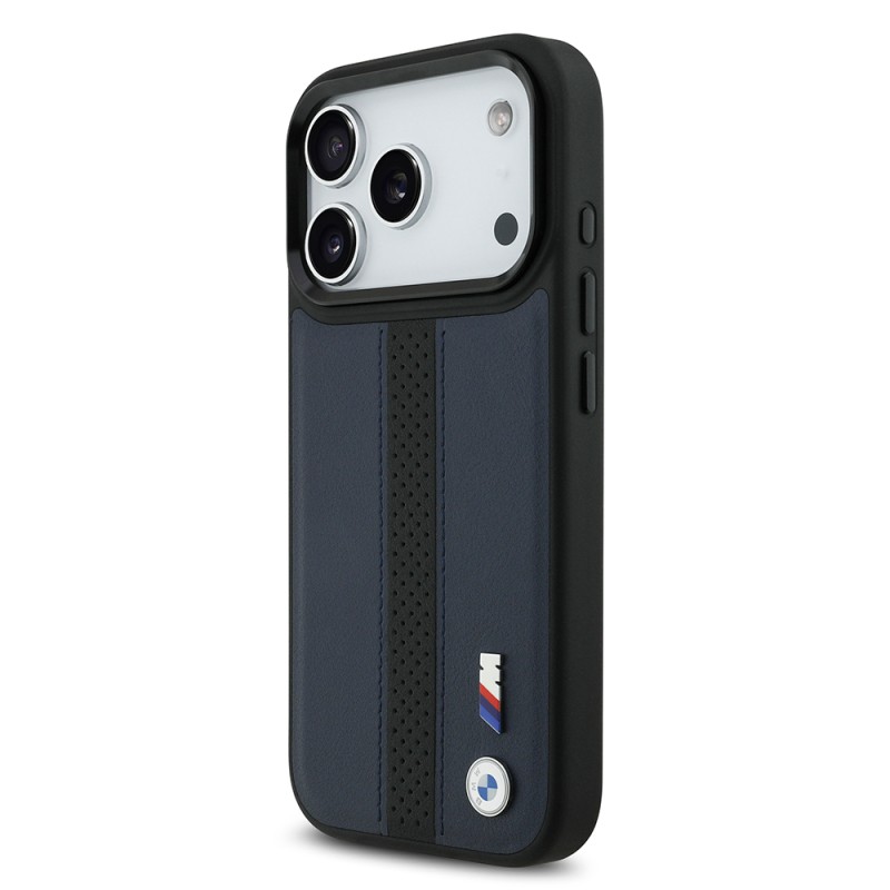 Apple iPhone 17 Pro Case BMW Original Licensed M-safe Charging Featured Leather Back Surface Metal Logo Perforated Strip Design Cover - 11