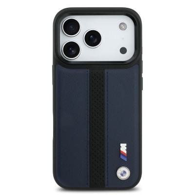 Apple iPhone 17 Pro Case BMW Original Licensed M-safe Charging Featured Leather Back Surface Metal Logo Perforated Strip Design Cover - 12