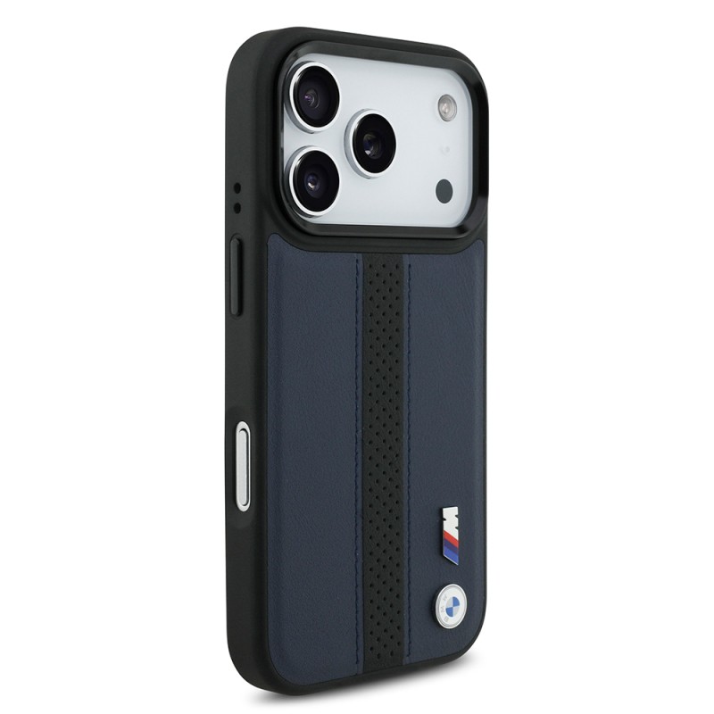 Apple iPhone 17 Pro Case BMW Original Licensed M-safe Charging Featured Leather Back Surface Metal Logo Perforated Strip Design Cover - 13