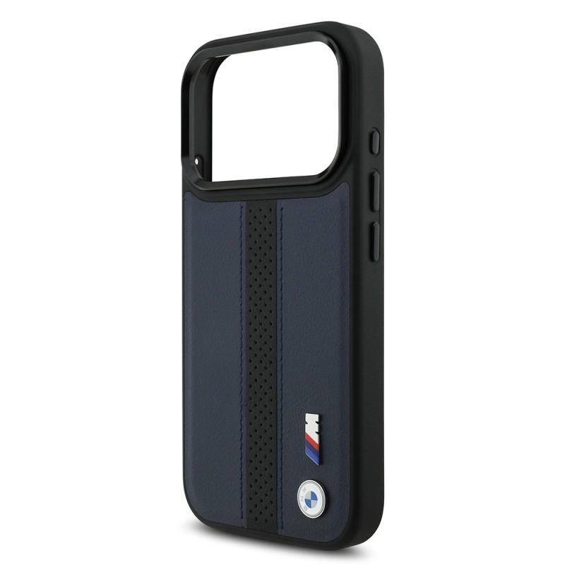 Apple iPhone 17 Pro Case BMW Original Licensed M-safe Charging Featured Leather Back Surface Metal Logo Perforated Strip Design Cover - 15
