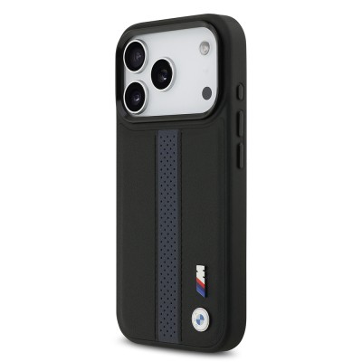 Apple iPhone 17 Pro Case BMW Original Licensed M-safe Charging Featured Leather Back Surface Metal Logo Perforated Strip Design Cover - 17