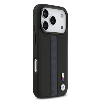 Apple iPhone 17 Pro Case BMW Original Licensed M-safe Charging Featured Leather Back Surface Metal Logo Perforated Strip Design Cover - 19