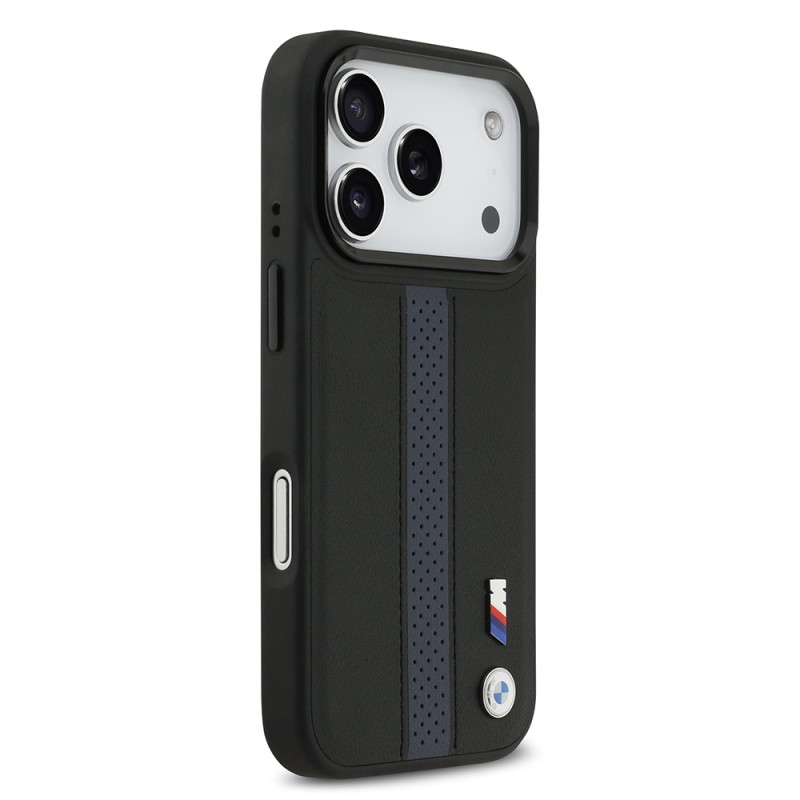 Apple iPhone 17 Pro Case BMW Original Licensed M-safe Charging Featured Leather Back Surface Metal Logo Perforated Strip Design Cover - 19
