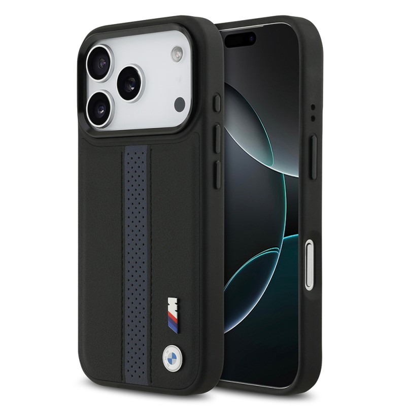 Apple iPhone 17 Pro Case BMW Original Licensed M-safe Charging Featured Leather Back Surface Metal Logo Perforated Strip Design Cover - 4