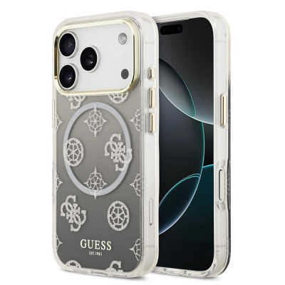 Apple iPhone 17 Pro Case Guess Original Licensed M-safe Charging Feature Glittery Peony Patterned Silicone Cover - Guess