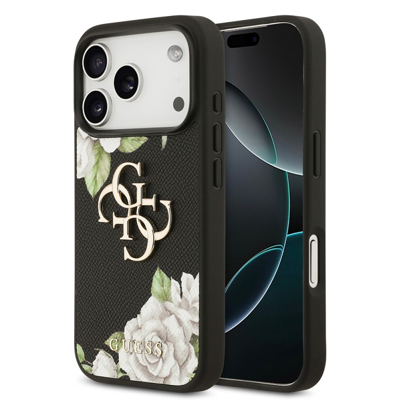 Apple iPhone 17 Pro Case Guess Original Licensed Rose Printed Large Metal Logo Design Cover - 1