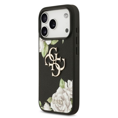 Apple iPhone 17 Pro Case Guess Original Licensed Rose Printed Large Metal Logo Design Cover - 3