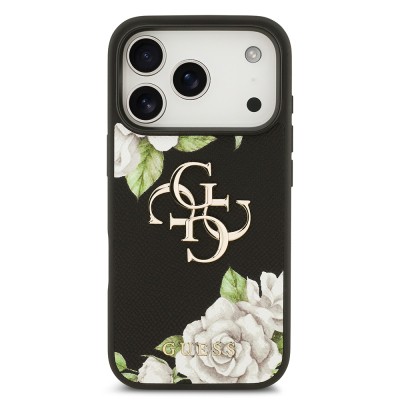 Apple iPhone 17 Pro Case Guess Original Licensed Rose Printed Large Metal Logo Design Cover - 4