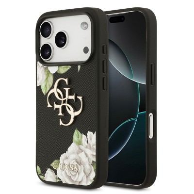 Apple iPhone 17 Pro Case Guess Original Licensed Rose Printed Large Metal Logo Design Cover - 2