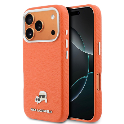 Apple iPhone 17 Pro Case Karl Lagerfeld Original Licensed M-safe Charging Enabled Metal Camera and Button Design K&C Head Logo PU Leather Cover - Karl Lagerfeld