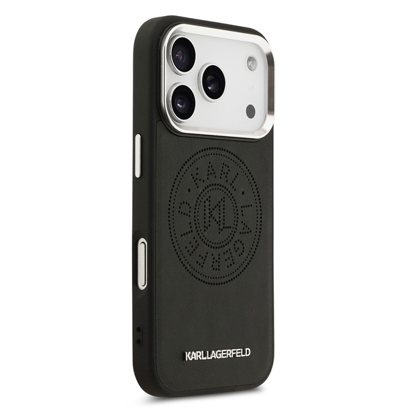Apple iPhone 17 Pro Case Karl Lagerfeld Original Licensed M-safe Charging Feature Perforated Design Metal Logo PU Leather Cover - 5