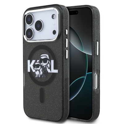 Apple iPhone 17 Pro Case Karl Lagerfeld Original Licensed Shining Glitter Karl & Choupette Sketch Logo Cover - 1