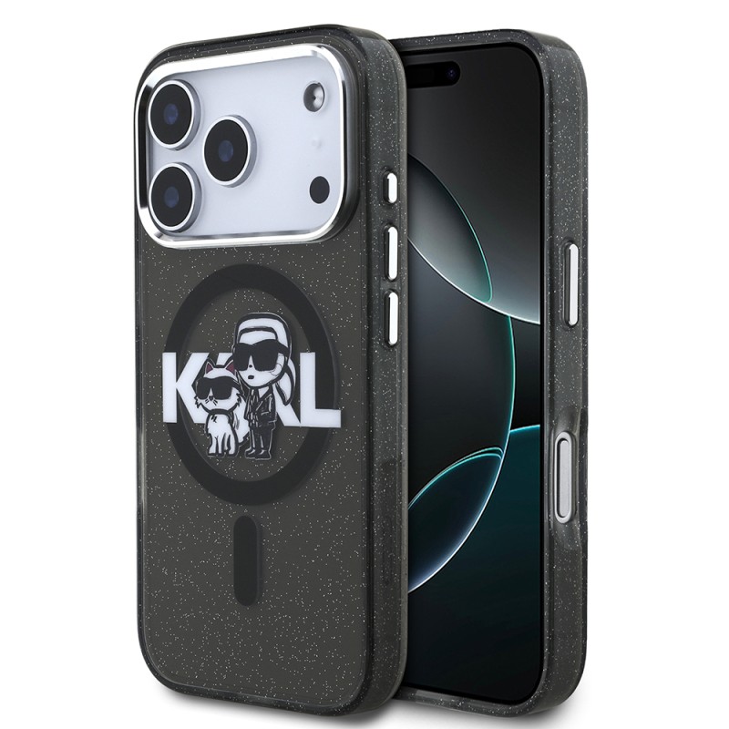 Apple iPhone 17 Pro Case Karl Lagerfeld Original Licensed Shining Glitter Karl & Choupette Sketch Logo Cover - 1