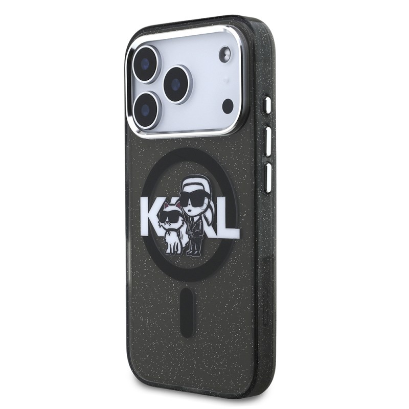 Apple iPhone 17 Pro Case Karl Lagerfeld Original Licensed Shining Glitter Karl & Choupette Sketch Logo Cover - 3