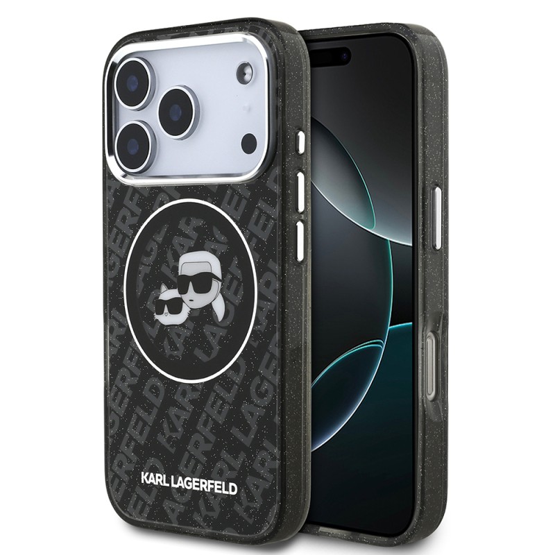 Apple iPhone 17 Pro Case Karl Lagerfeld Original Licensed Shining Glittery Karl & Choupette Heads Cover - 3