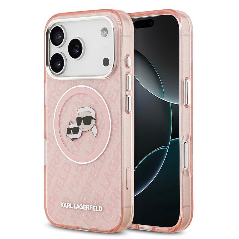 Apple iPhone 17 Pro Case Karl Lagerfeld Original Licensed Shining Glittery Karl & Choupette Heads Cover - 4