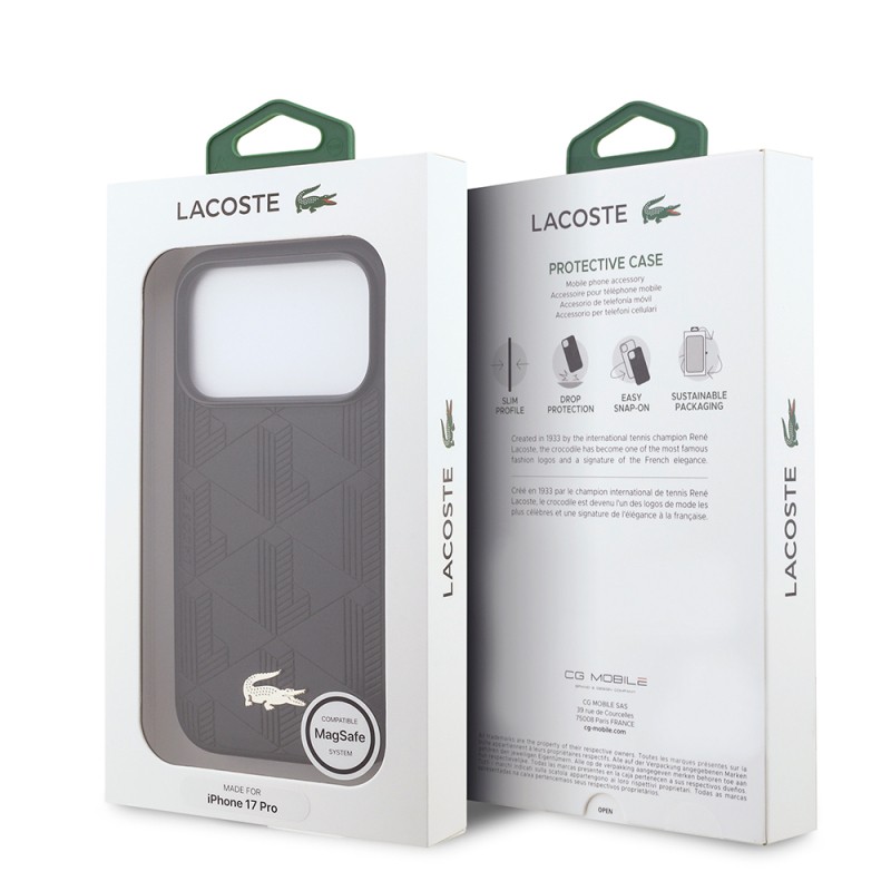 Apple iPhone 17 Pro Case Lacoste Original Licensed M-Safe Charging Feature PU Leather Design Mixed Monogram Pattern Cover - 17