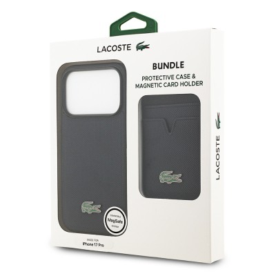 Apple iPhone 17 Pro Case Lacoste Original Licensed M-Safe Charging Feature PU Pique Pattern Metal Logo Card Holder Cover - 43