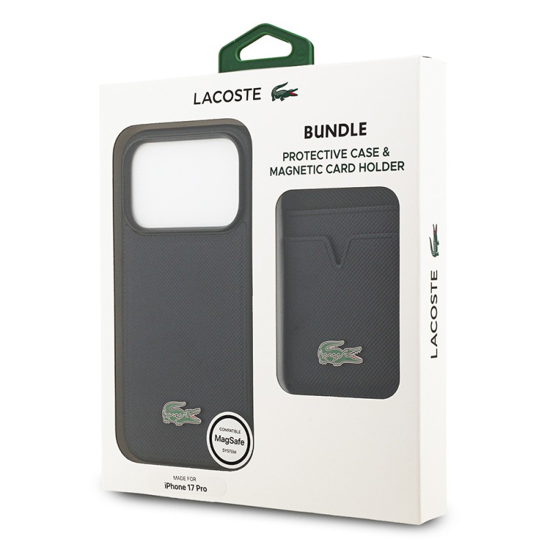 Apple iPhone 17 Pro Case Lacoste Original Licensed M-Safe Charging Feature PU Pique Pattern Metal Logo Card Holder Cover - 43