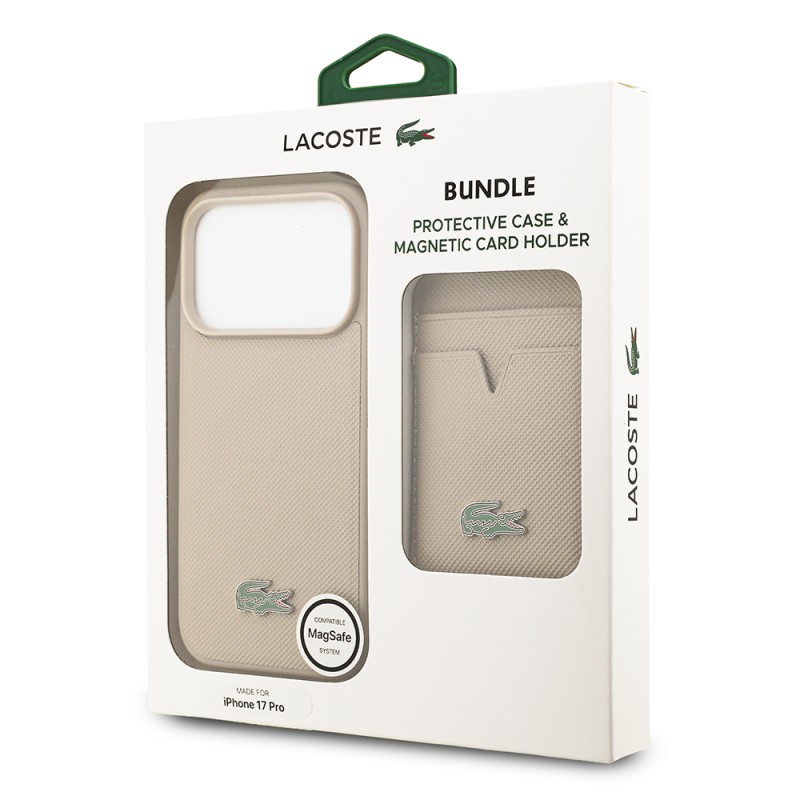 Apple iPhone 17 Pro Case Lacoste Original Licensed M-Safe Charging Feature PU Pique Pattern Metal Logo Card Holder Cover - 45