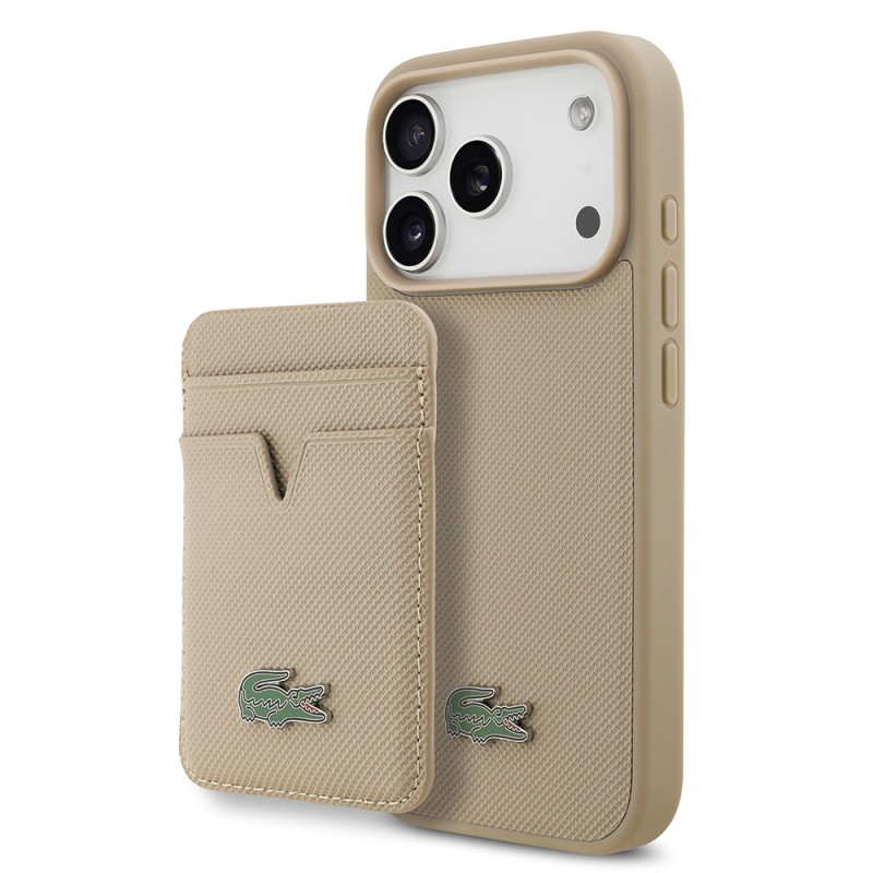 Apple iPhone 17 Pro Case Lacoste Original Licensed M-Safe Charging Feature PU Pique Pattern Metal Logo Card Holder Cover - 5