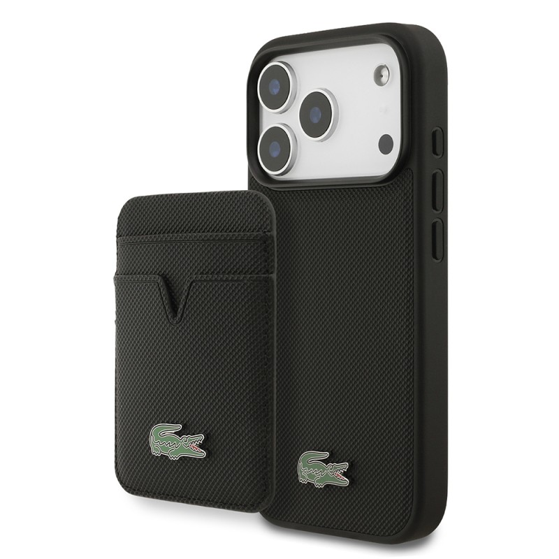Apple iPhone 17 Pro Case Lacoste Original Licensed M-Safe Charging Feature PU Pique Pattern Metal Logo Card Holder Cover - 3