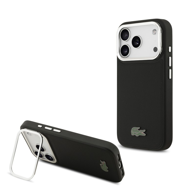 Apple iPhone 17 Pro Case Lacoste Original Licensed M-safe Charging Feature PU Pique Pattern Stand Metal Logo Cover - 1