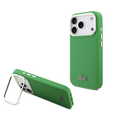 Apple iPhone 17 Pro Case Lacoste Original Licensed M-safe Charging Feature PU Pique Pattern Stand Metal Logo Cover - 3