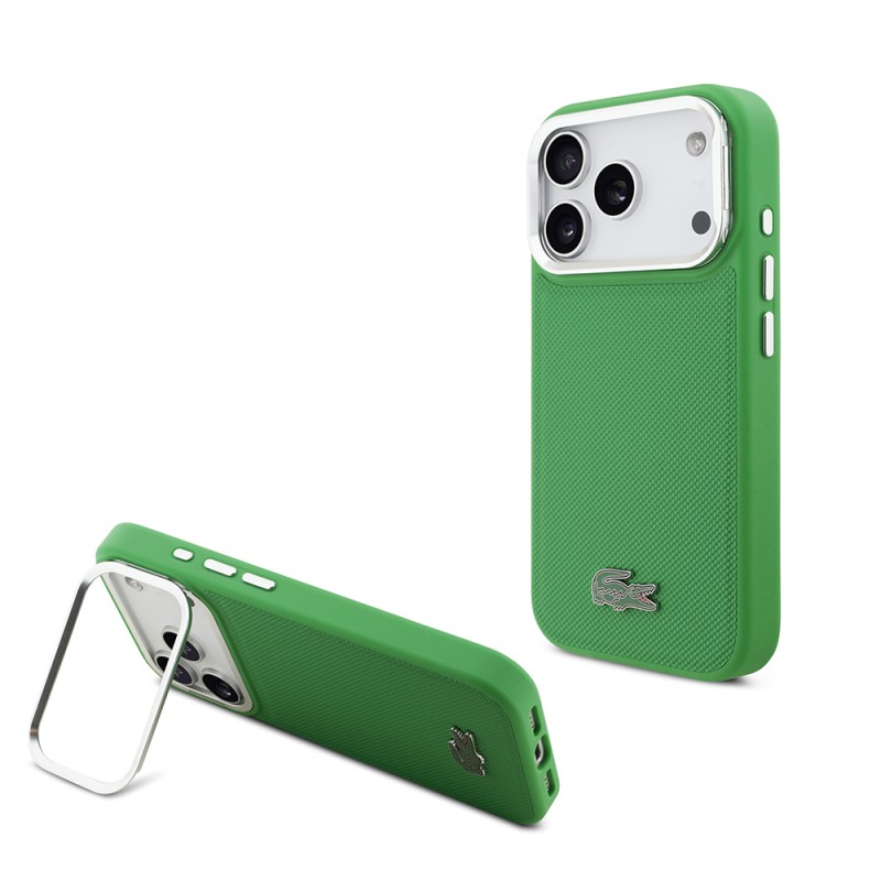 Apple iPhone 17 Pro Case Lacoste Original Licensed M-safe Charging Feature PU Pique Pattern Stand Metal Logo Cover - 3