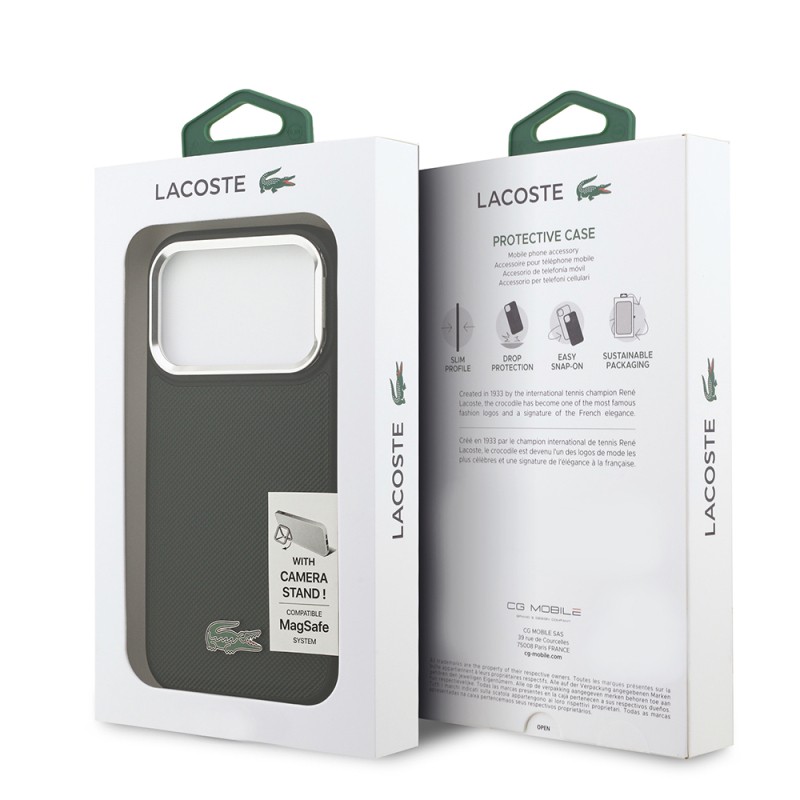 Apple iPhone 17 Pro Case Lacoste Original Licensed M-safe Charging Feature PU Pique Pattern Stand Metal Logo Cover - 26