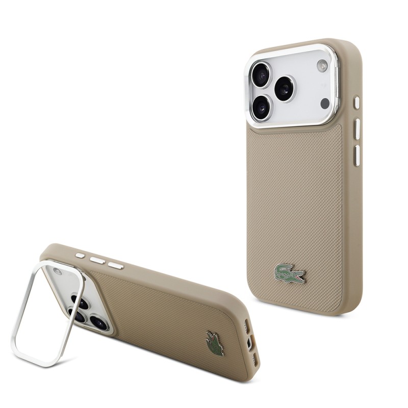 Apple iPhone 17 Pro Case Lacoste Original Licensed M-safe Charging Feature PU Pique Pattern Stand Metal Logo Cover - 5