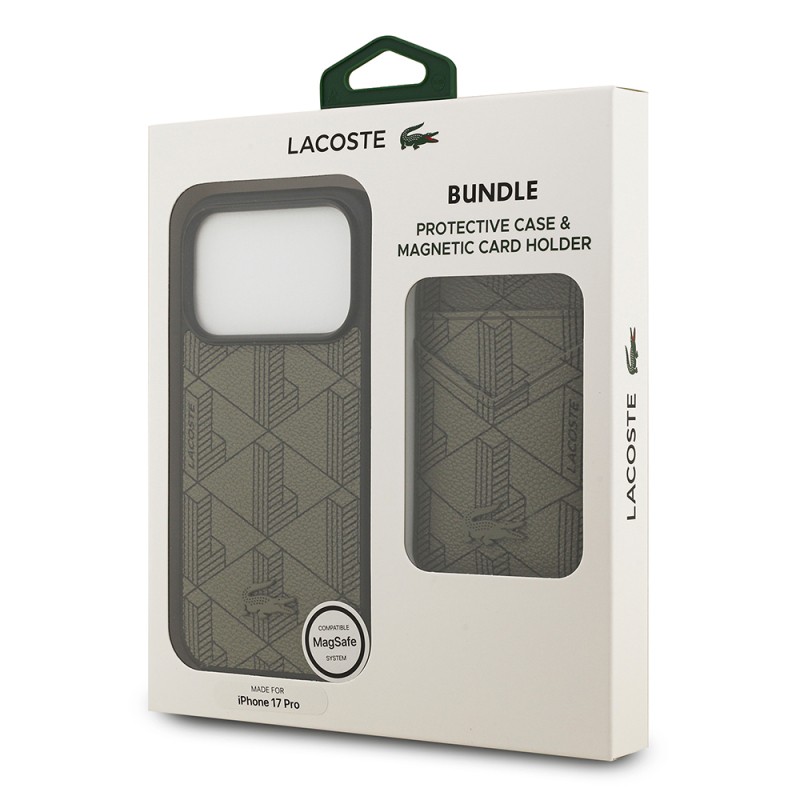 Apple iPhone 17 Pro Case Lacoste Original Licensed M-Safe Charging Function PU Leather Design Card Holder Mixed Monogram Pattern Cover - 25