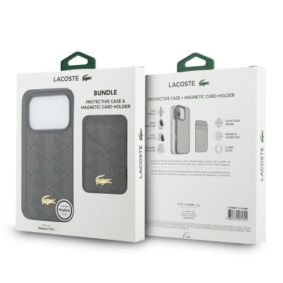 Apple iPhone 17 Pro Case Lacoste Original Licensed M-Safe Charging Function PU Leather Design Card Holder Mixed Monogram Pattern Cover - 34