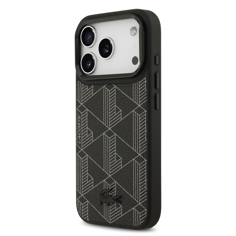 Apple iPhone 17 Pro Case Lacoste Original Licensed M-safe Charging Stand PU Leather Mixed Monogram Pattern Cover - 5