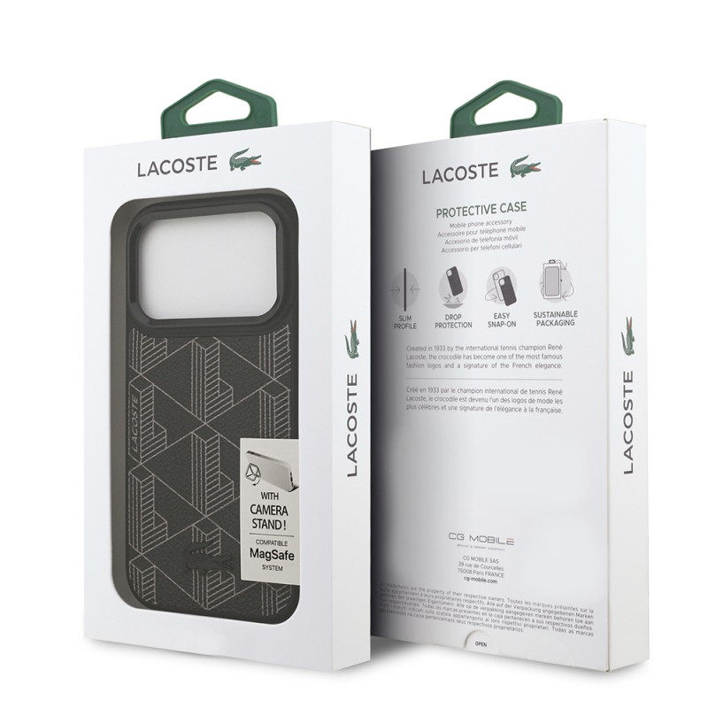 Apple iPhone 17 Pro Case Lacoste Original Licensed M-safe Charging Stand PU Leather Mixed Monogram Pattern Cover - 11