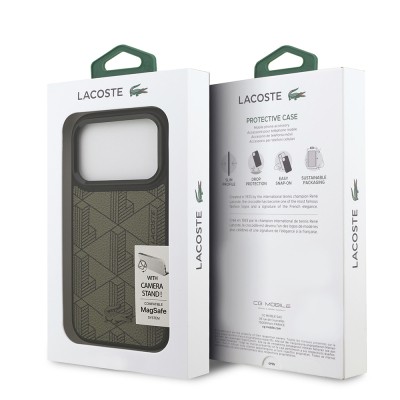Apple iPhone 17 Pro Case Lacoste Original Licensed M-safe Charging Stand PU Leather Mixed Monogram Pattern Cover - 18