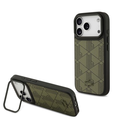 Apple iPhone 17 Pro Case Lacoste Original Licensed M-safe Charging Stand PU Leather Mixed Monogram Pattern Cover - 3
