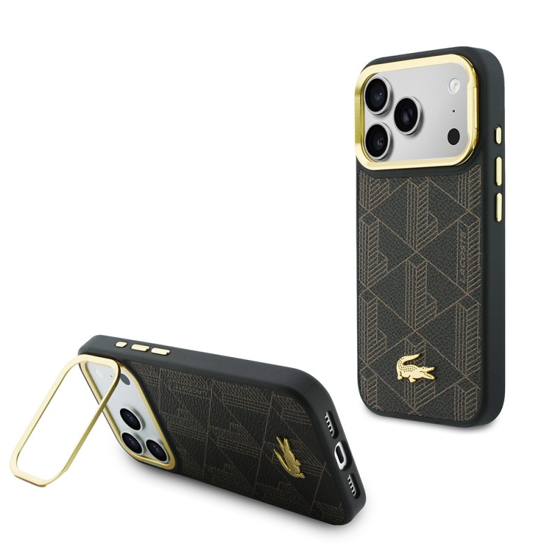 Apple iPhone 17 Pro Case Lacoste Original Licensed M-safe Charging Stand PU Leather Mixed Monogram Pattern Cover - 4