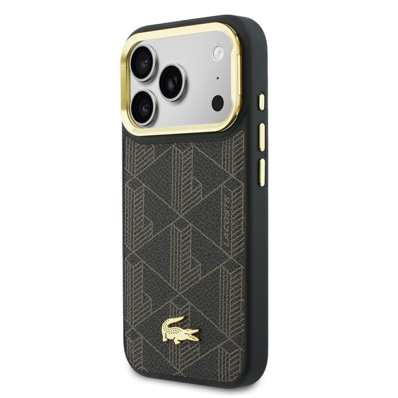 Apple iPhone 17 Pro Case Lacoste Original Licensed M-safe Charging Stand PU Leather Mixed Monogram Pattern Cover - 19