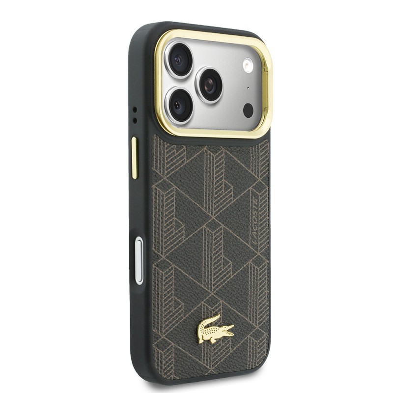 Apple iPhone 17 Pro Case Lacoste Original Licensed M-safe Charging Stand PU Leather Mixed Monogram Pattern Cover - 21